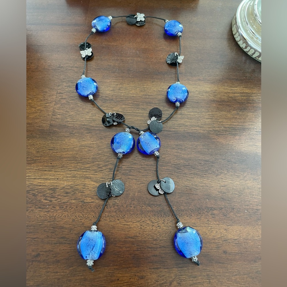 Handmade Blue Foil Lined Glass Bead Lariat Style Necklace on Black Cord